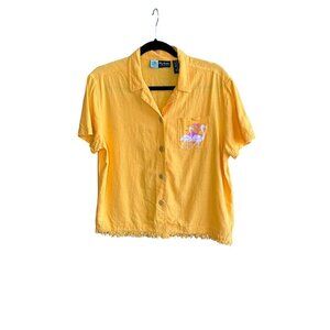 Oleg Cassini Vintage Orange Linen Blend Fringe Shirt Flamingos Size Medium